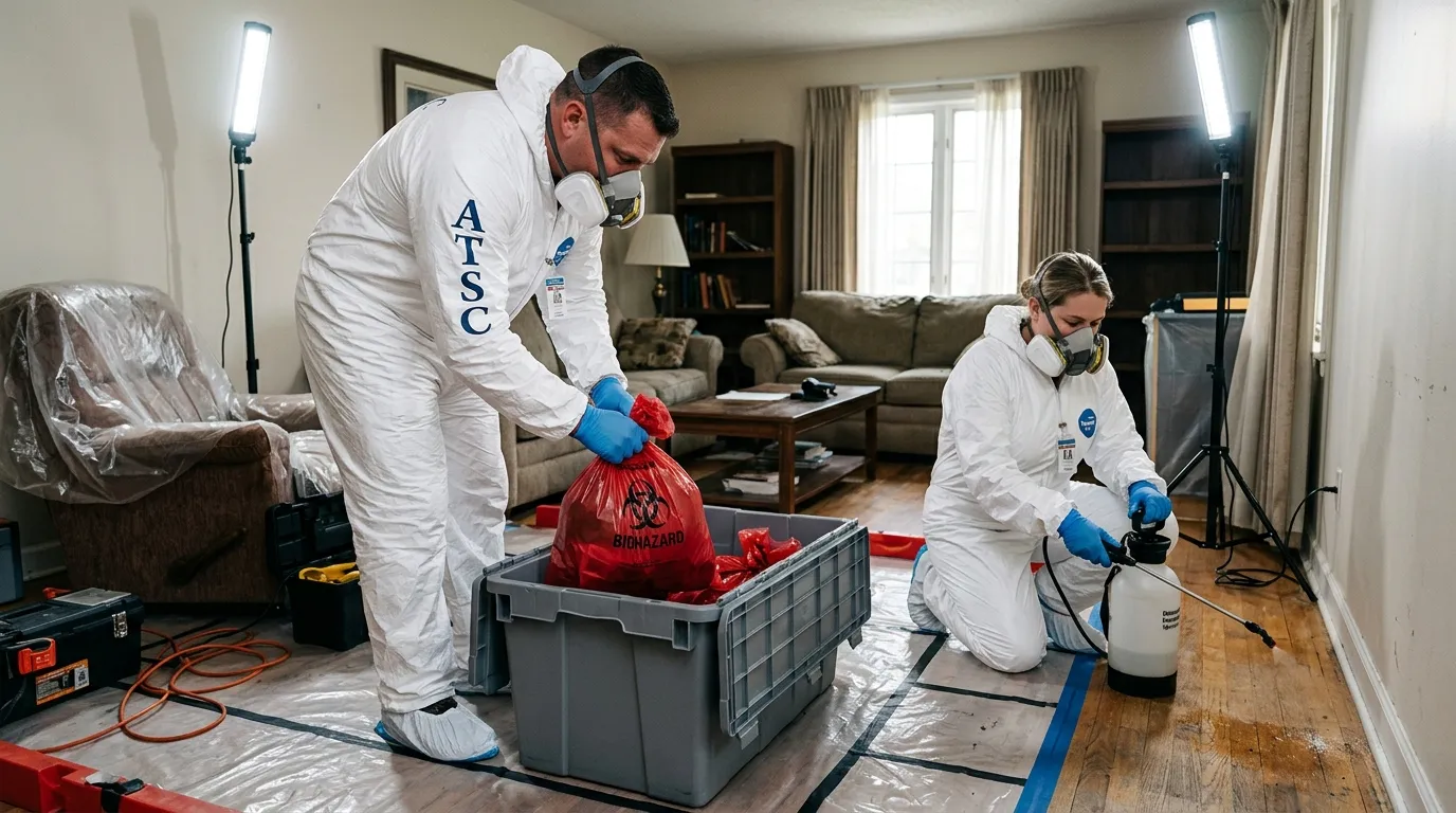 Professional Biohazard Cleanup technician in full PPE working in Wildwood